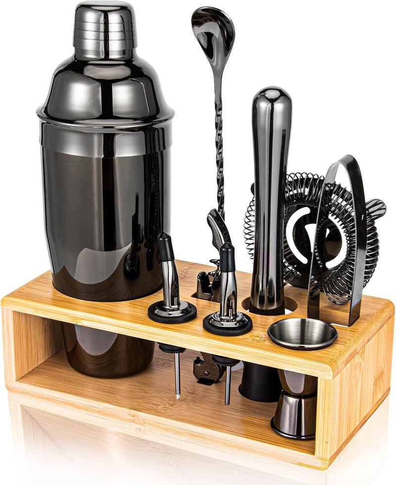 Semderm Cocktail Shaker Set, Mixology Bartender Kit 10-Piece Bar Tool Set with Stylish Bamboo Stand, Bar kit: Martini Shaker Mixing Spoon Muddler Jigger Corksrew for Barware Set | Black - Image 1