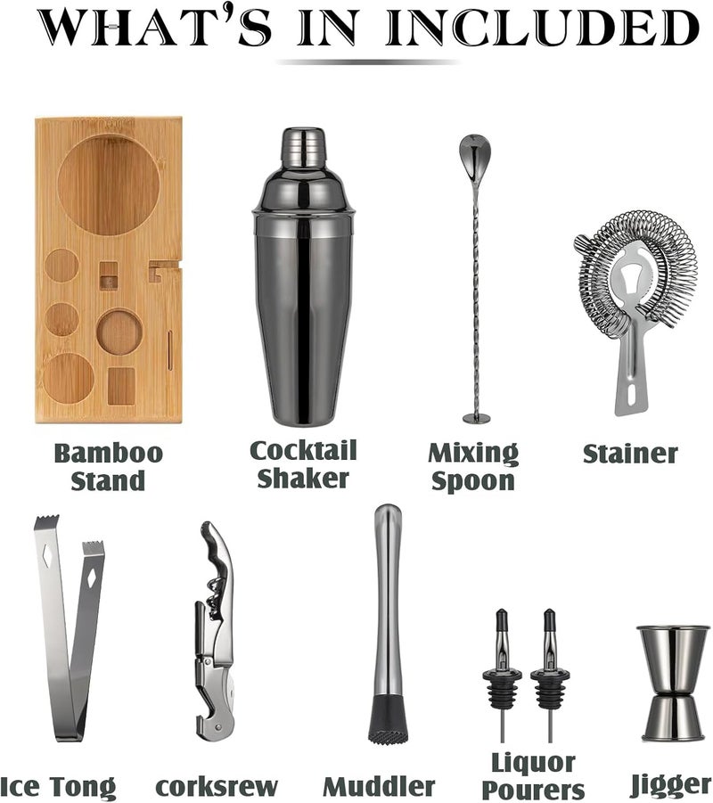 Semderm Cocktail Shaker Set, Mixology Bartender Kit 10-Piece Bar Tool Set with Stylish Bamboo Stand, Bar kit: Martini Shaker Mixing Spoon Muddler Jigger Corksrew for Barware Set | Black - Image 2