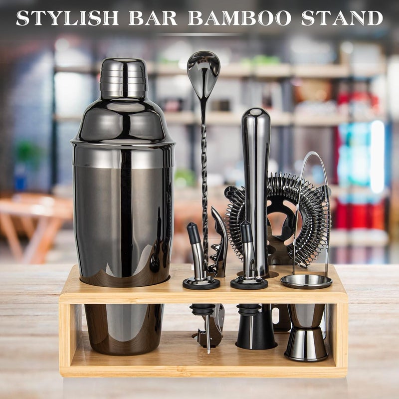 Semderm Cocktail Shaker Set, Mixology Bartender Kit 10-Piece Bar Tool Set with Stylish Bamboo Stand, Bar kit: Martini Shaker Mixing Spoon Muddler Jigger Corksrew for Barware Set | Black - Image 3