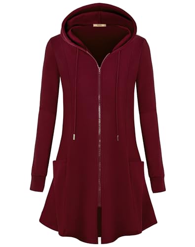 Miusey Fleece Zip Up Women Fuzzy Tunic Sweaters for Leggings Winter Casual Hooded Jackets Plain Long Sweatshirts Warm Clothes Wine XX-Large - Image 2