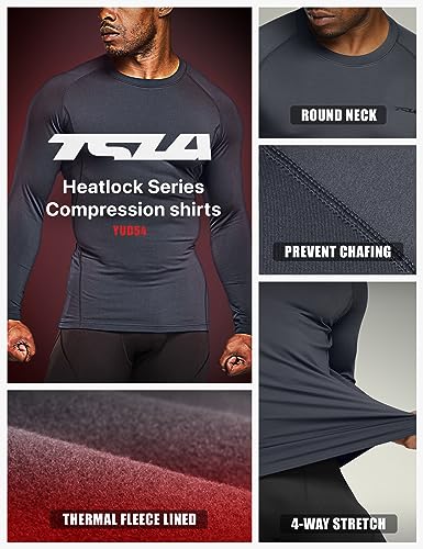 TSLA Men's Thermal Long Sleeve Compression Shirts, Athletic Base Layer Top, Winter Gear Running T-Shirt, Heatlock Round Neck Charcoal, Medium - Image 3