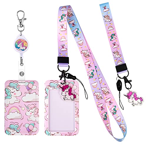 HIFOT Unicorn Kids Lanyard with Id Holder, Detachable Wrist Lanyard for Keys, Retractable Badge Holder with Metal Lobster Clasp Used for Student, Nurse, Teacher ID Holder - Image 1