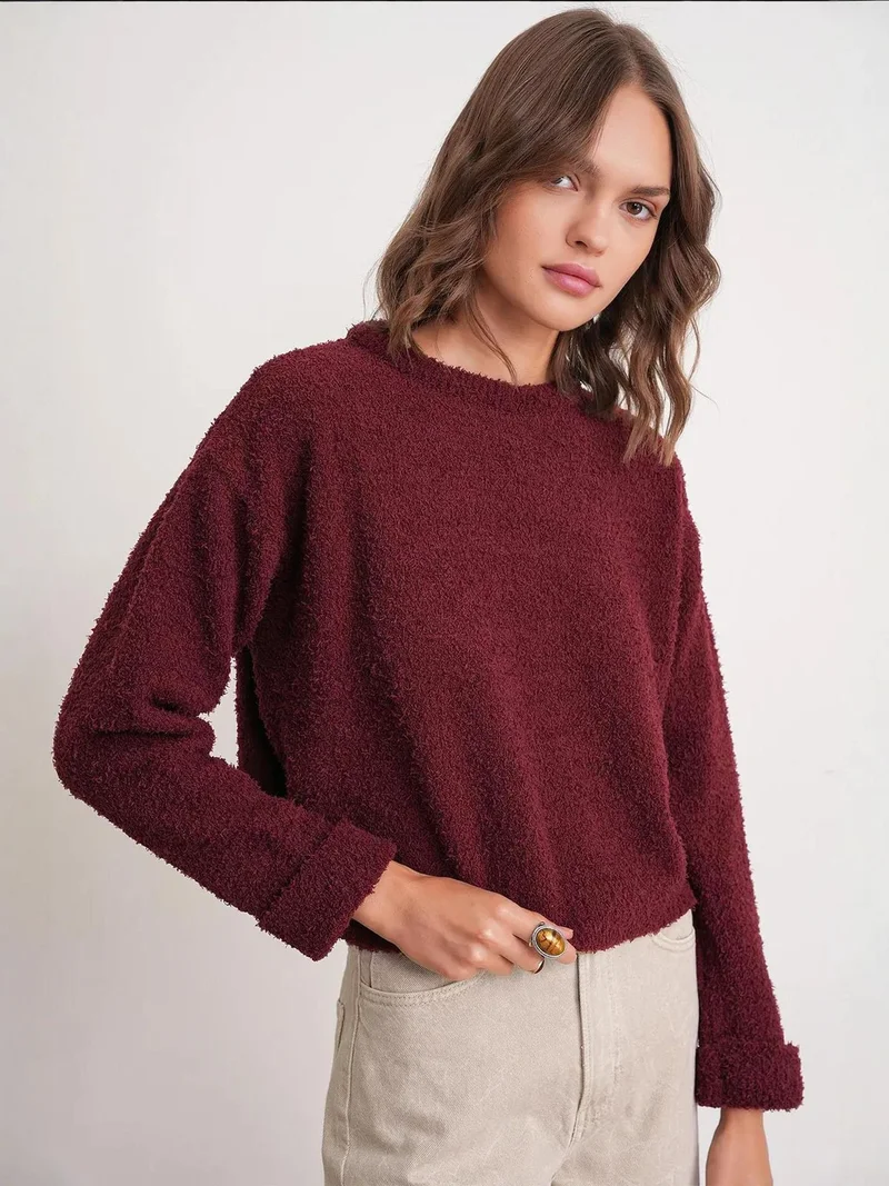 MixRay Mixray Plush Textured Crop Knit Sweater