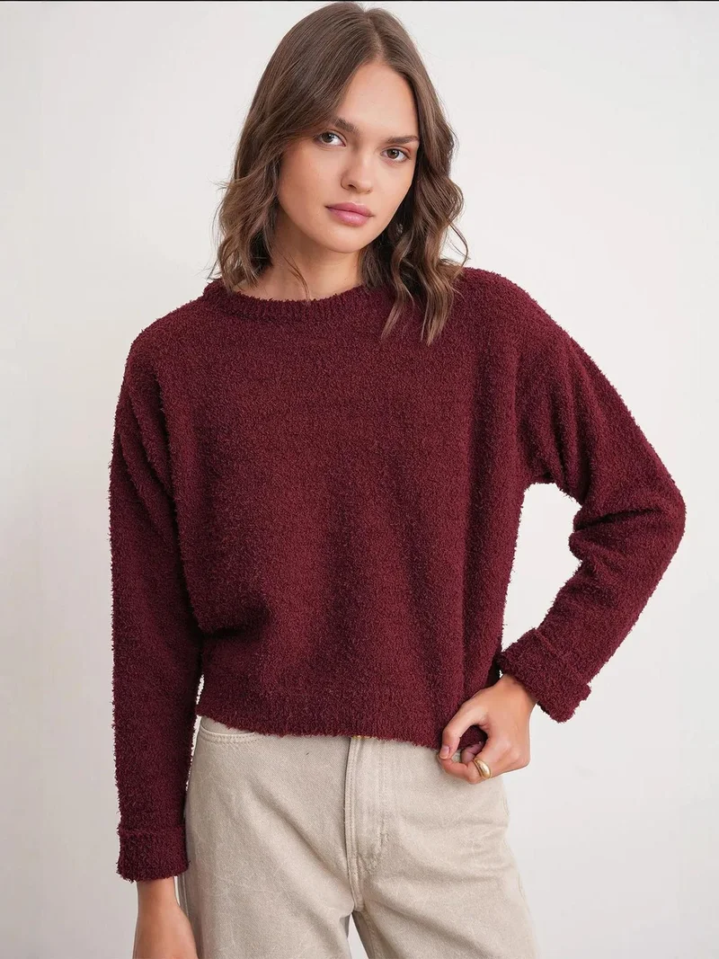 MixRay Mixray Plush Textured Crop Knit Sweater