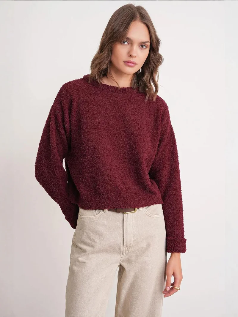 Mixray Burgundy Red Mixray Plush Textured Crop Knit Sweater for Women | Best Price UAE