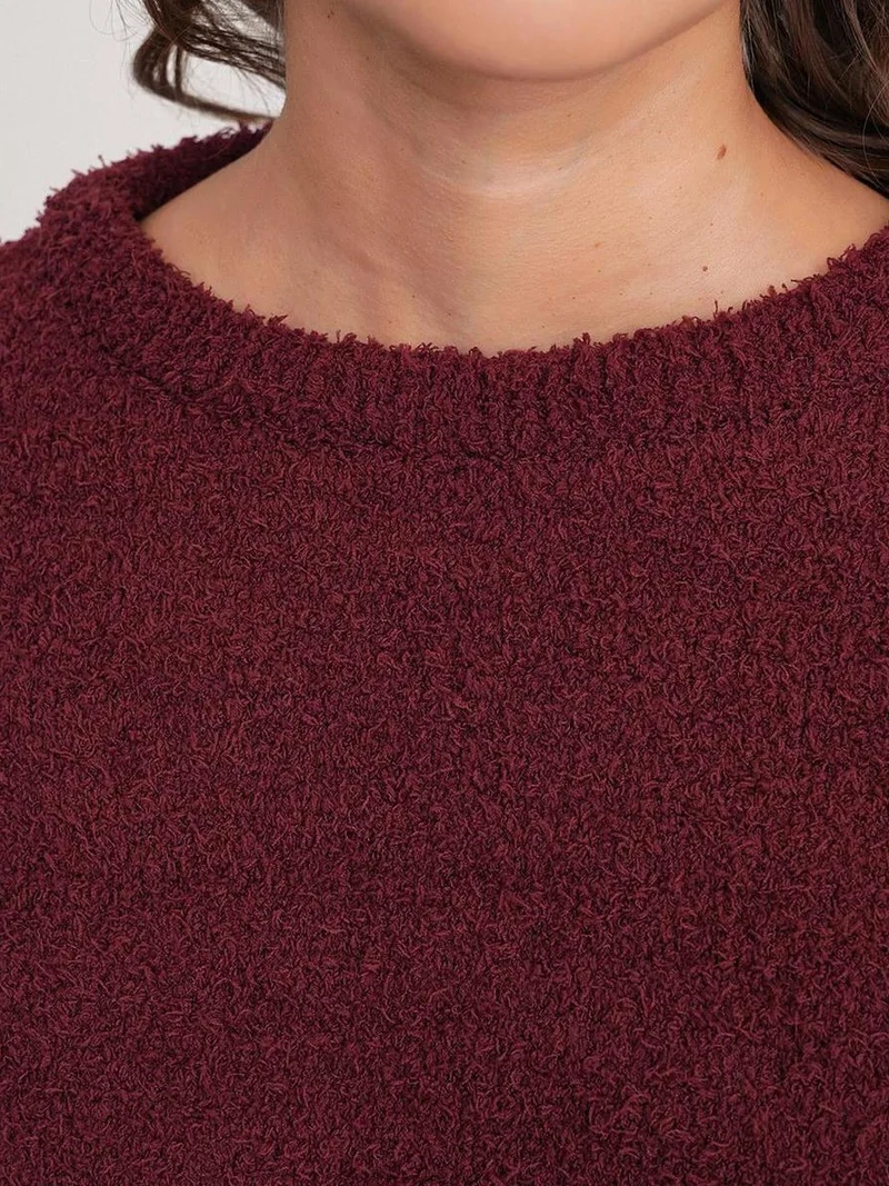 Mixray Burgundy Red Mixray Plush Textured Crop Knit Sweater for Women | Best Price UAE