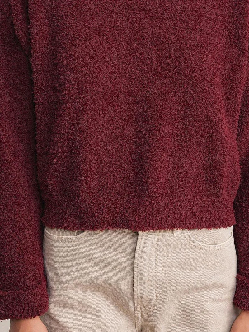 Mixray Burgundy Red Mixray Plush Textured Crop Knit Sweater for Women | Best Price UAE