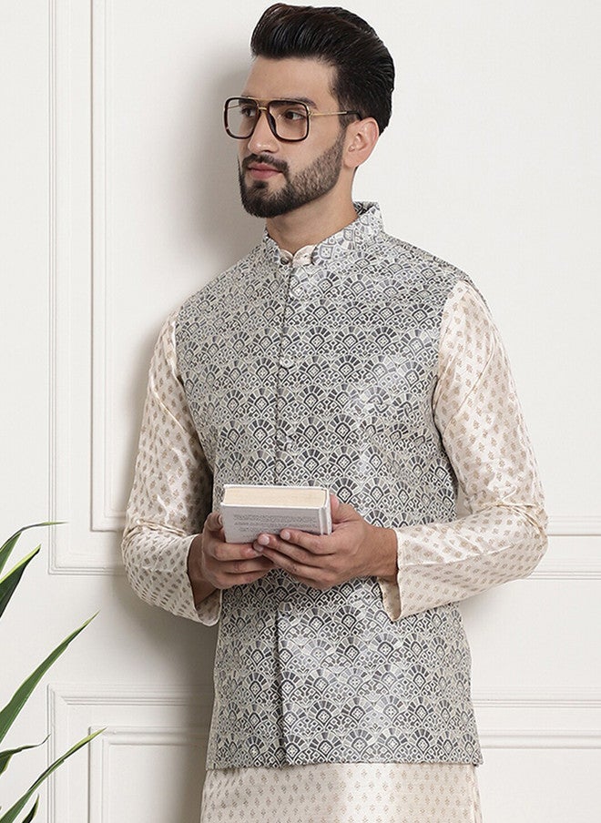 Sojanya Ethnic Motifs Woven Design Mandarin Collar Nehru Jacket - Image 5