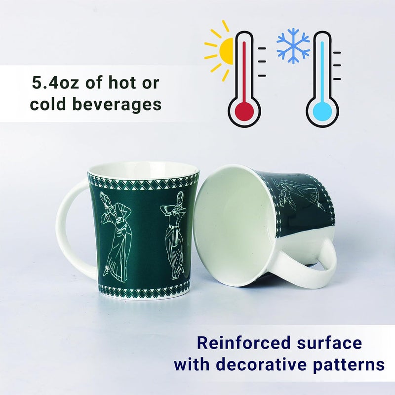 Femora Classical Dancers Pattern Tea Cups, Ceramic Tea Cups, Coffee Mugs (160 ml) - 6 Pcs Set (Green) - Image 3