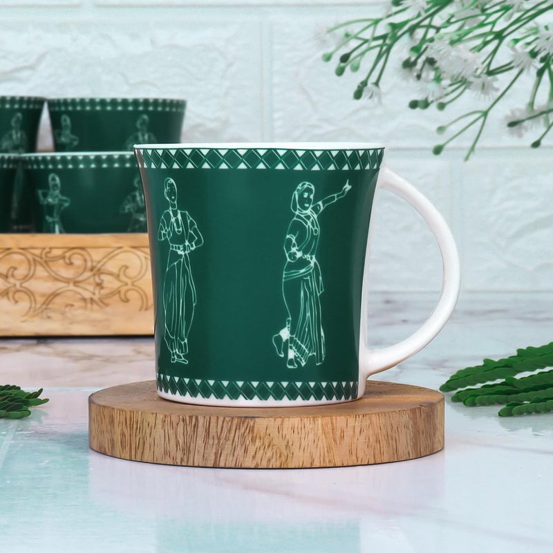 Femora Classical Dancers Pattern Tea Cups, Ceramic Tea Cups, Coffee Mugs (160 ml) - 6 Pcs Set (Green) - Image 1