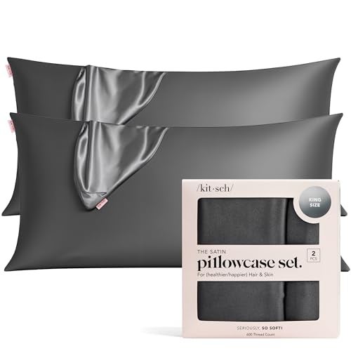 Kitsch Satin Pillowcase with Zipper for Hair Skin Softer Than Silk Pillow Cases Smooth Cooling Satin Pillow Case WrinkleFree Machine Washable King Size Satin Pillow Case 19x36 Charcoal 2pc - Image 1