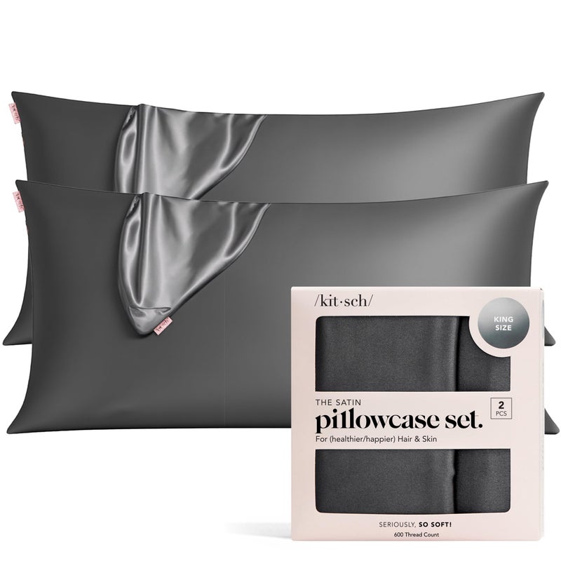 Kitsch Satin Pillowcase with Zipper for Hair Skin Softer Than Silk Pillow Cases Smooth Cooling Satin Pillow Case WrinkleFree Machine Washable King Size Satin Pillow Case 19x36 Charcoal 2pc - Image 2