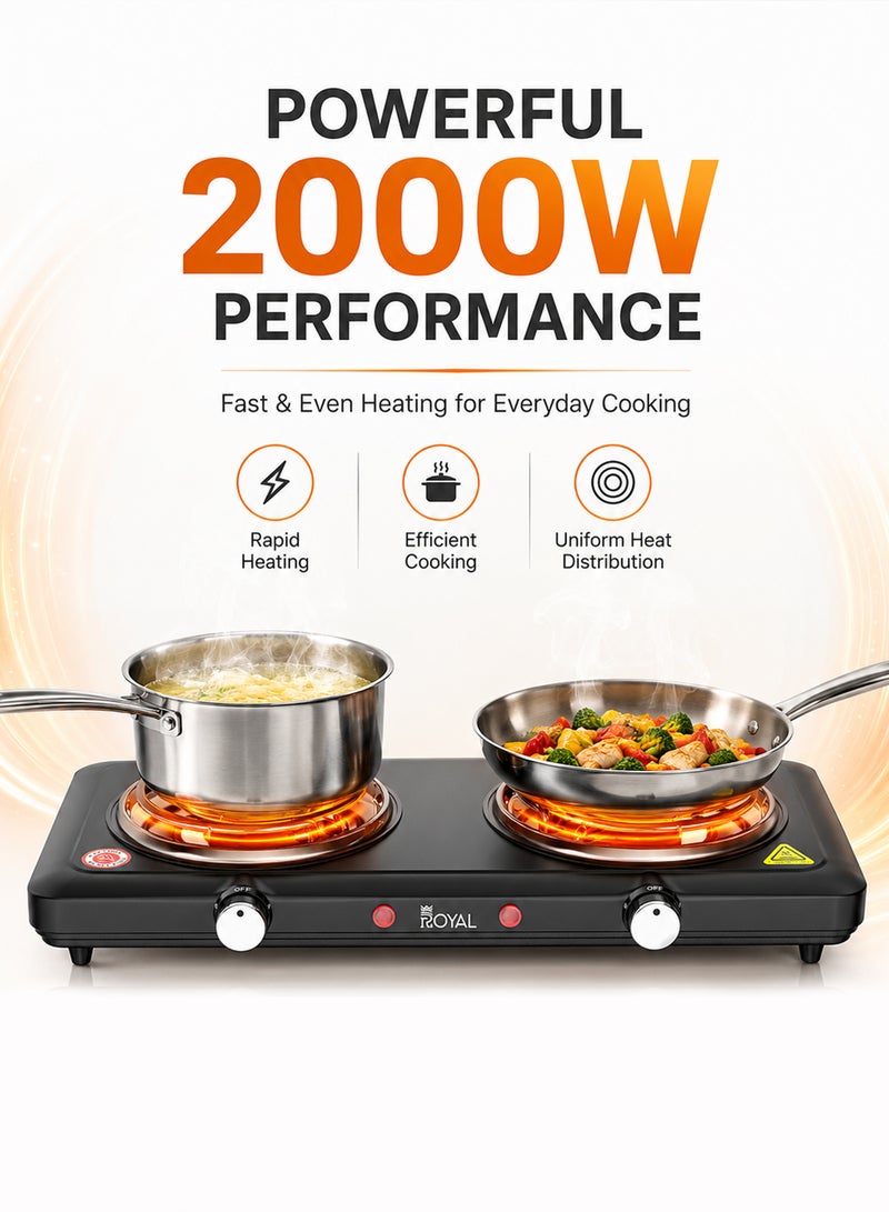 Royal Dual Burner Electric Hot Plate 2000W | Twin Spiral Coil, Independent 5-Level Temperature Control, Non-Stick Coating & Overheat Protection | RA-HPD155 Black 1000 W RA-HPD155 - Image 3