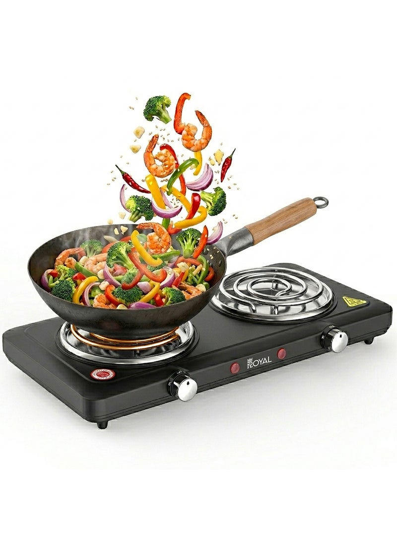 Royal Dual Burner Electric Hot Plate 2000W | Twin Spiral Coil, Independent 5-Level Temperature Control, Non-Stick Coating & Overheat Protection | RA-HPD155 Black 1000 W RA-HPD155 - Image 1