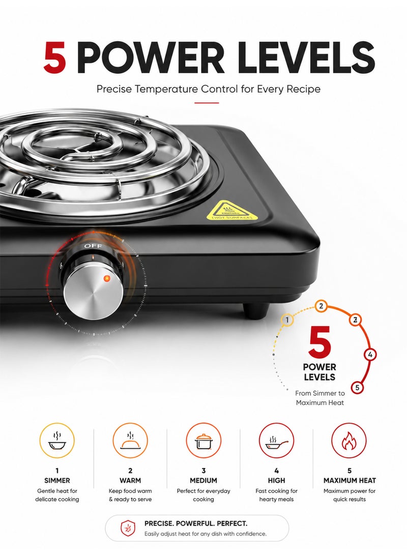Royal Dual Burner Electric Hot Plate 2000W | Twin Spiral Coil, Independent 5-Level Temperature Control, Non-Stick Coating & Overheat Protection | RA-HPD155 Black 1000 W RA-HPD155 - Image 5