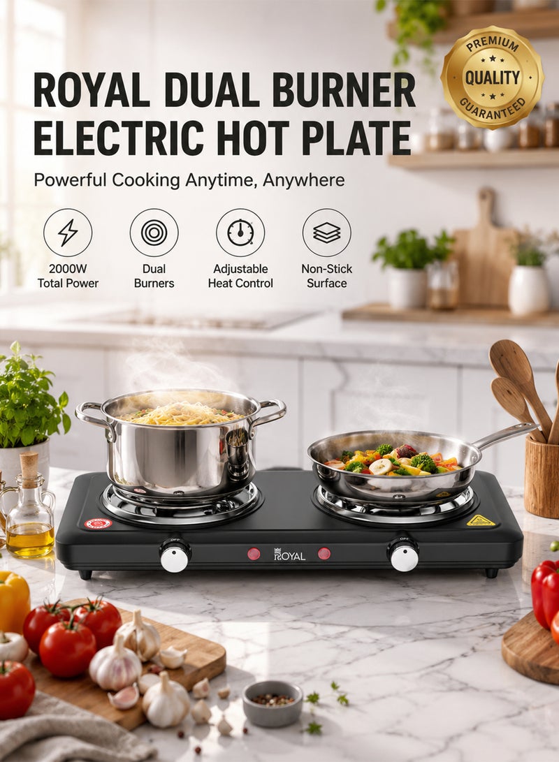 Royal Dual Burner Electric Hot Plate 2000W | Twin Spiral Coil, Independent 5-Level Temperature Control, Non-Stick Coating & Overheat Protection | RA-HPD155 Black 1000 W RA-HPD155 - Image 2
