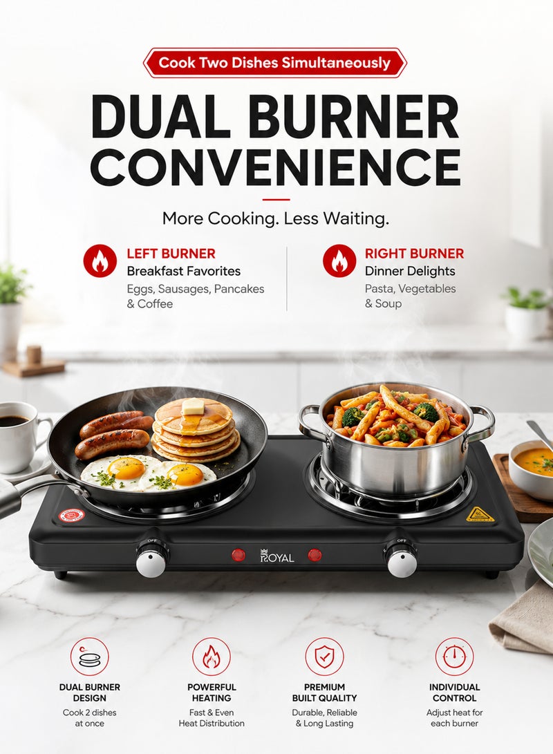 Royal Dual Burner Electric Hot Plate 2000W | Twin Spiral Coil, Independent 5-Level Temperature Control, Non-Stick Coating & Overheat Protection | RA-HPD155 Black 1000 W RA-HPD155 - Image 4