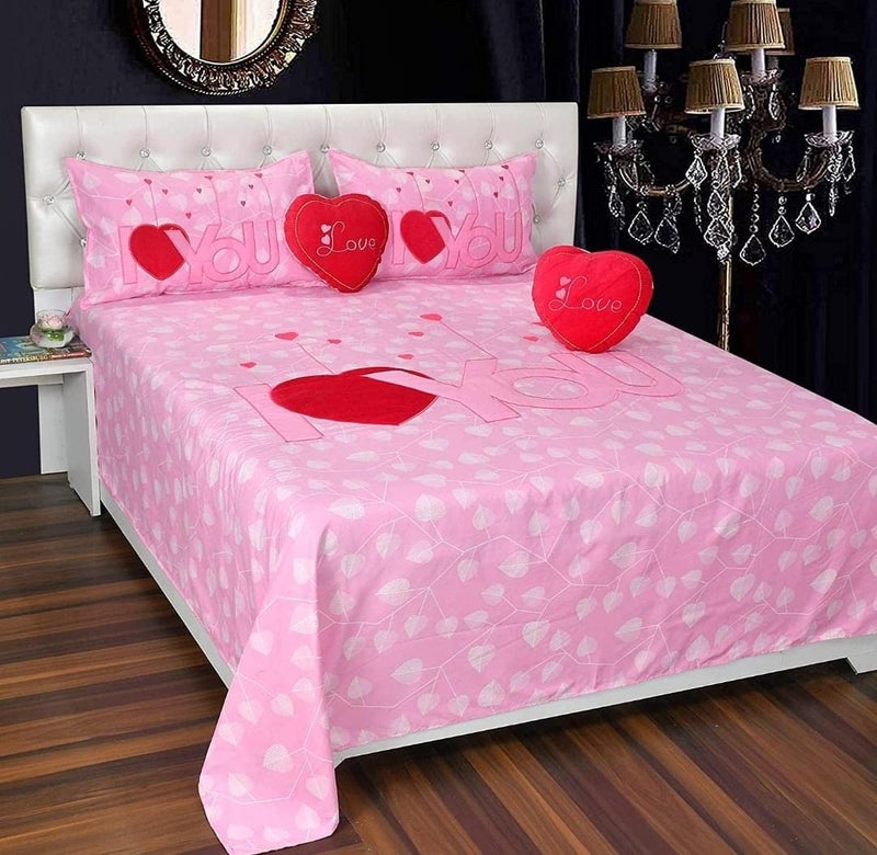 PRISCILLA Designer I Love You Patch Cotton Embroidered Double Bedsheet for Couples with 2 Pillow Covers and 2 Heart Cushion. (Pink), 350 TC - Image 2