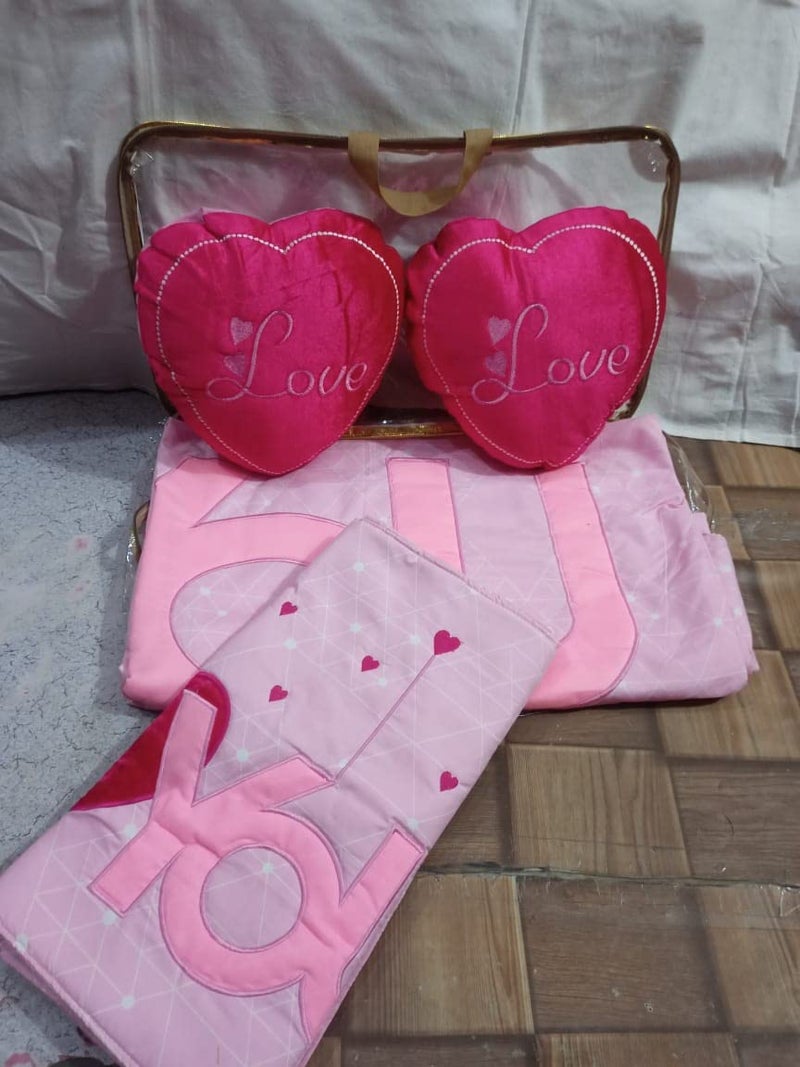 PRISCILLA Designer I Love You Patch Cotton Embroidered Double Bedsheet for Couples with 2 Pillow Covers and 2 Heart Cushion. (Pink), 350 TC - Image 4