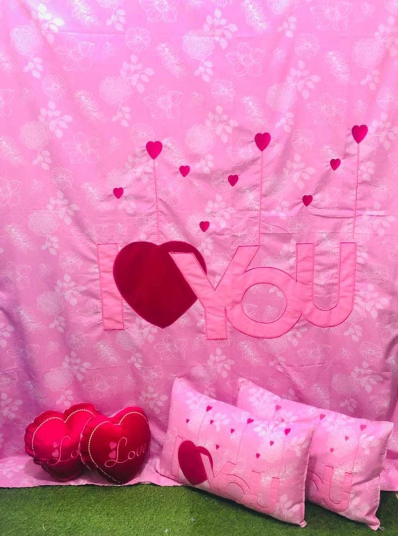 PRISCILLA Designer I Love You Patch Cotton Embroidered Double Bedsheet for Couples with 2 Pillow Covers and 2 Heart Cushion. (Pink), 350 TC - Image 3