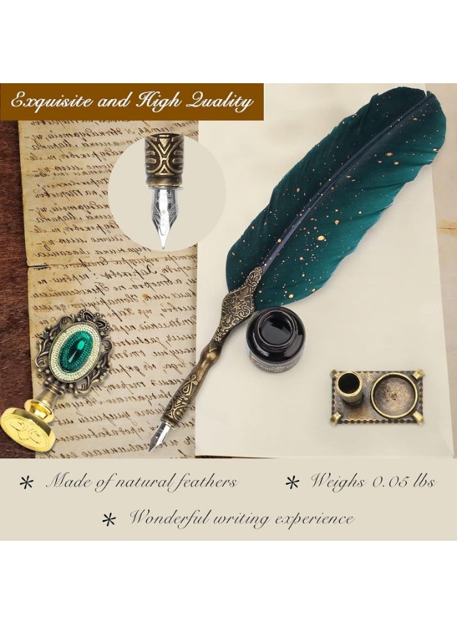 Arabest Quill Pen and Ink Set, Calligraphy Feather Pen with Wax Seal Stamp, Ink, Replacement Nibs, Spoon, Envelope Letter Paper, White Wax, Antique Quills, Calligraphy Set Holiday Ideal Gift, Green - Image 2