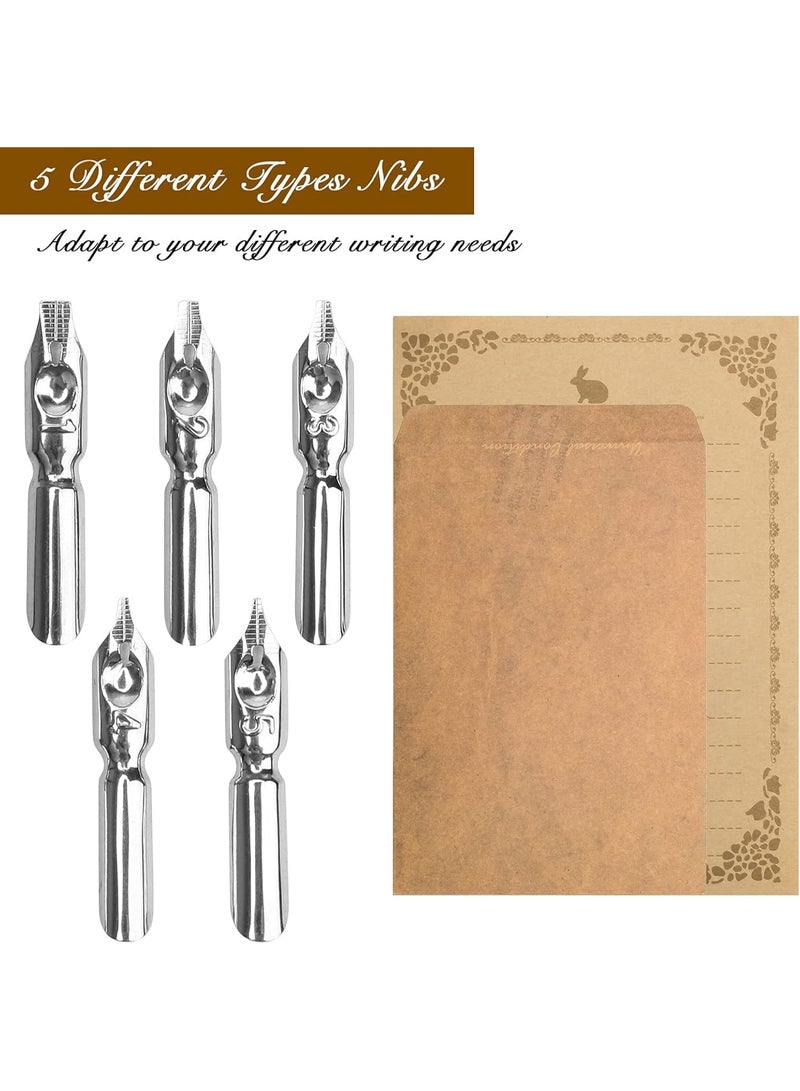 Arabest Quill Pen and Ink Set, Calligraphy Feather Pen with Wax Seal Stamp, Ink, Replacement Nibs, Spoon, Envelope Letter Paper, White Wax, Antique Quills, Calligraphy Set Holiday Ideal Gift, Green - Image 5