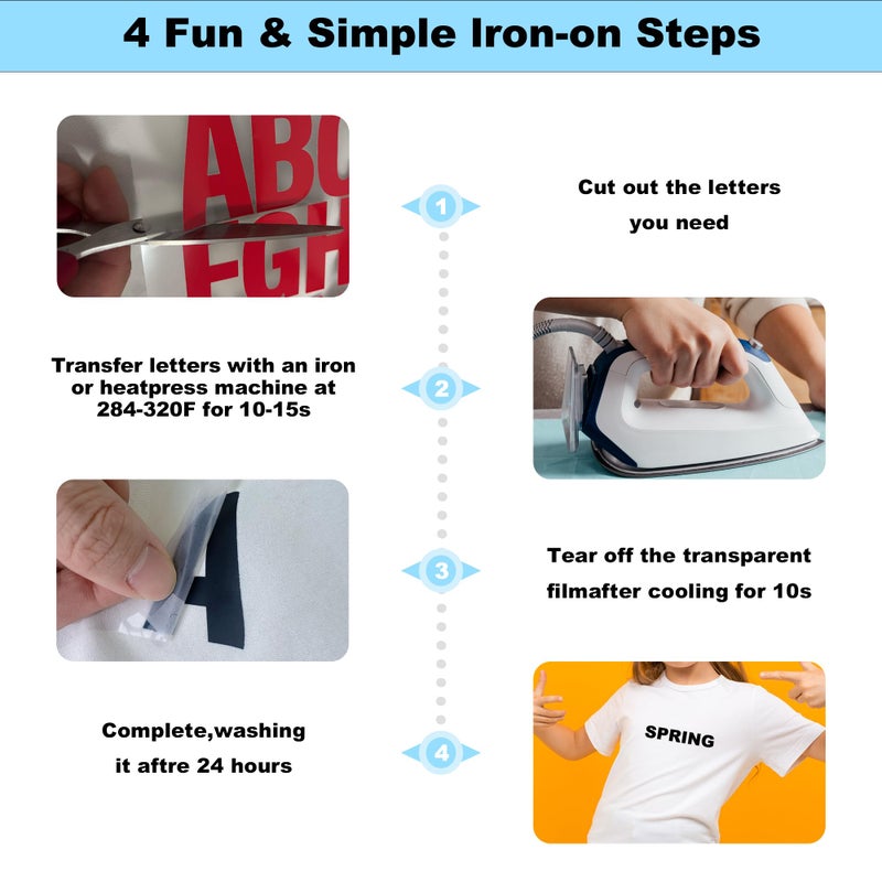 LONGMUU 220 Pieces Iron on Letters for Clothing, 5 Sheets of Yellow Heat Transfer Vinyl for T Shirts, A-Z Patches PU DIY Crafts Alphabets Sticker for Fabric - Image 4