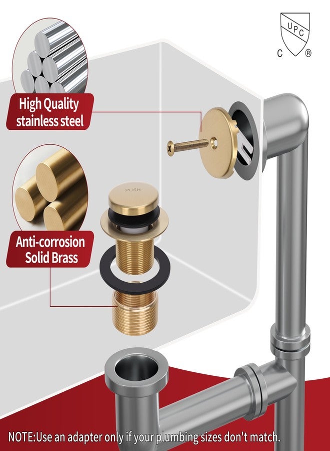 PRIMSOPH Tip-Toe Tub Drain Trim Kit with One Hole Overflow Faceplate Conversion Kit Assembly Universal Fine Coarse Thread Replacement Brushed Gold - Image 5