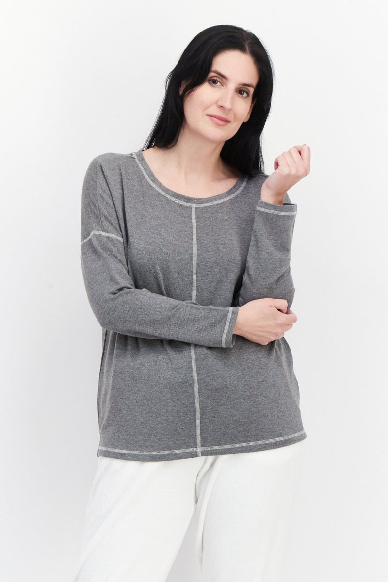 dagi Women Crew Neck Long Sleeve Solid Sweatshirt, Grey - Image 1