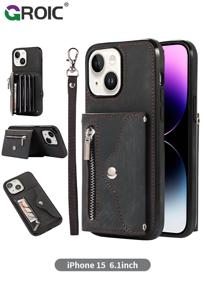 GROIC - iPhone 15 Wallet Case for Women, Support Wireless Charging with RFID Blocking Card Holder, PU Leather Zipper Wallet Detachable Shockproof Magnetic Phone Case with Wrist Strap - Image 1