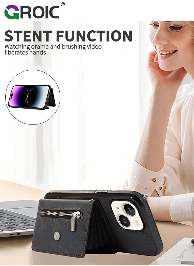 GROIC - iPhone 15 Wallet Case for Women, Support Wireless Charging with RFID Blocking Card Holder, PU Leather Zipper Wallet Detachable Shockproof Magnetic Phone Case with Wrist Strap - Image 1
