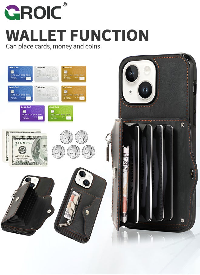 GROIC - iPhone 15 Wallet Case for Women, Support Wireless Charging with RFID Blocking Card Holder, PU Leather Zipper Wallet Detachable Shockproof Magnetic Phone Case with Wrist Strap - Image 1