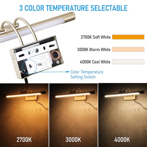 LEONLITE 3CCT Dimmable LED Picture Light, 2700K/3000K/4000K Selectable, CRI90 Swivel Full Metal Picture Frame Light for Wall Art, Painting, Artwork, Portrait, Plug-in & Hardwired, Antique Brass - Image 2