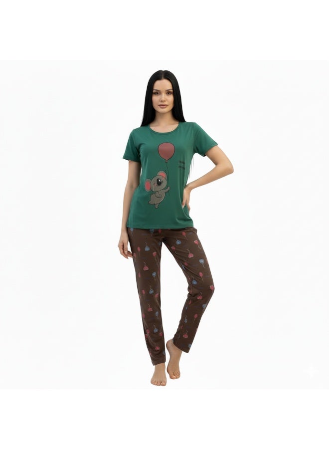جوانا طقم بيجاما نسائي مع قميص وبنطال بطبعة حيوانات وبالونات، أخضر نعناعي - Image 4