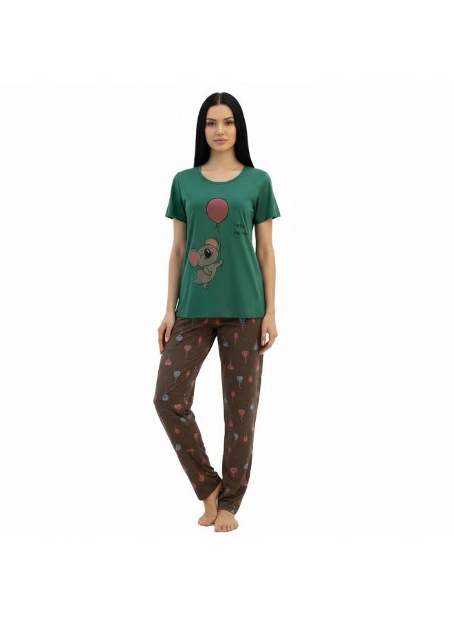 جوانا طقم بيجاما نسائي مع قميص وبنطال بطبعة حيوانات وبالونات، أخضر نعناعي - Image 1