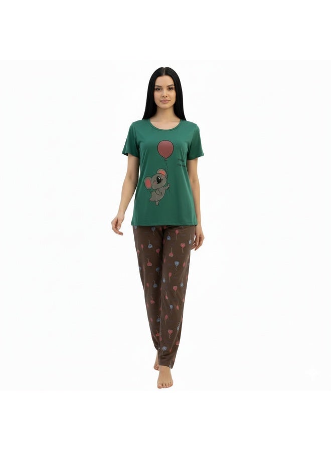 جوانا طقم بيجاما نسائي مع قميص وبنطال بطبعة حيوانات وبالونات، أخضر نعناعي - Image 2