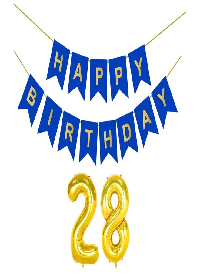 Flyloons 28th Dark Blue Colour Happy Birthday Banner Decoration Kit for 28 year Old Boys Girls Men Women | with Number Twenty-eight | 13 Pcs Reusable Cardstock Happy Birthday Paper Banner