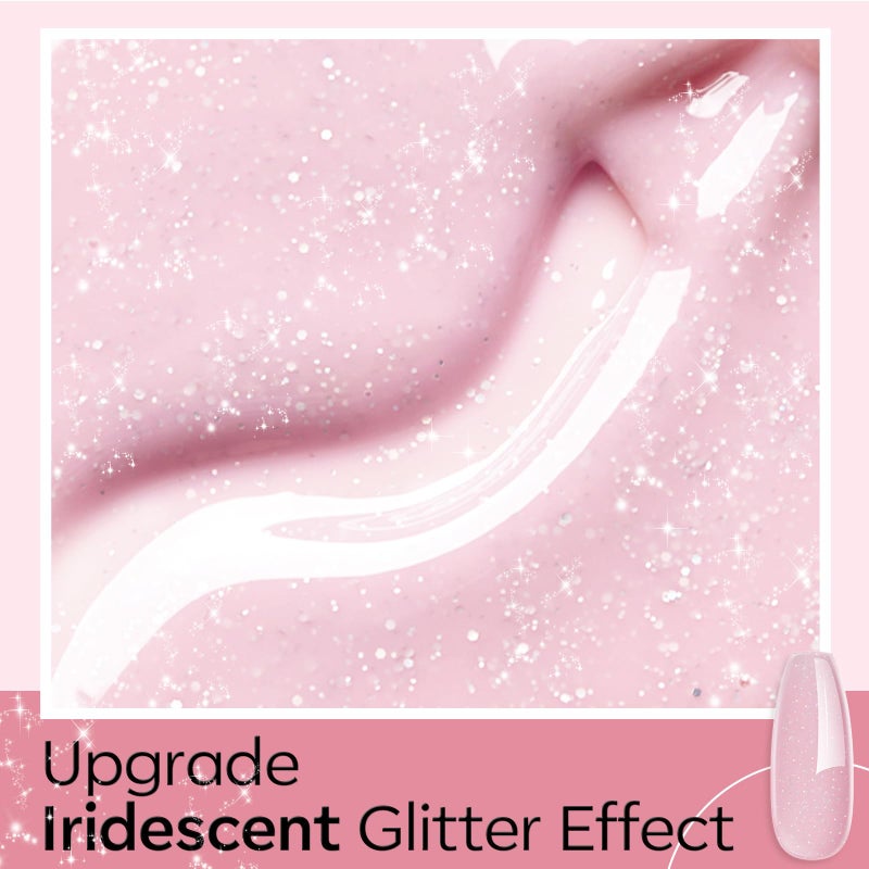 modelones Builder Nail Gel, 8-in-One Nude Pink Glitter Builder, Rainbow Iridescent Shimmer Nail Gel Polish, Jelly Pink Sparkle LED Lamp Cured Hard Rubber Color Base for Home DIY Salon Girls - Image 5