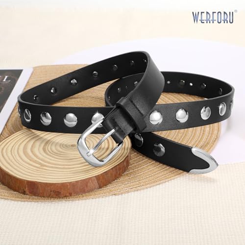 WERFORU Women Fashion Leather Belt Studded Leather Belt Ladies Belts for Jeans Dress Punk Belt,(Black-Silver,31"-35" Waist Adjustable) - Image 4