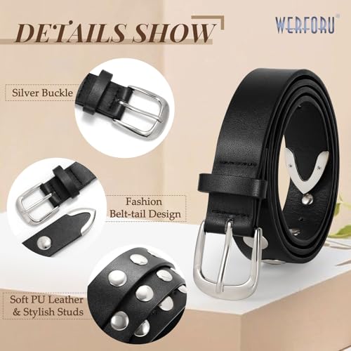 WERFORU Women Fashion Leather Belt Studded Leather Belt Ladies Belts for Jeans Dress Punk Belt,(Black-Silver,31"-35" Waist Adjustable) - Image 5