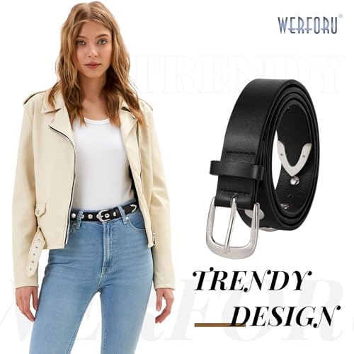 WERFORU Women Fashion Leather Belt Studded Leather Belt Ladies Belts for Jeans Dress Punk Belt,(Black-Silver,31"-35" Waist Adjustable) - Image 2