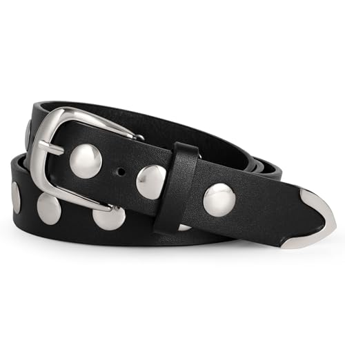 WERFORU Women Fashion Leather Belt Studded Leather Belt Ladies Belts for Jeans Dress Punk Belt,(Black-Silver,31"-35" Waist Adjustable) - Image 1