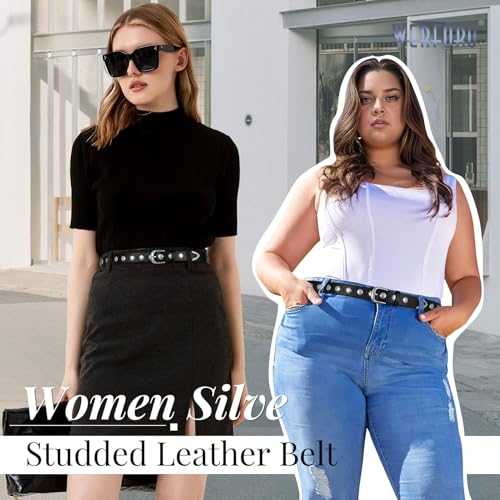 WERFORU Women Fashion Leather Belt Studded Leather Belt Ladies Belts for Jeans Dress Punk Belt,(Black-Silver,31"-35" Waist Adjustable) - Image 3