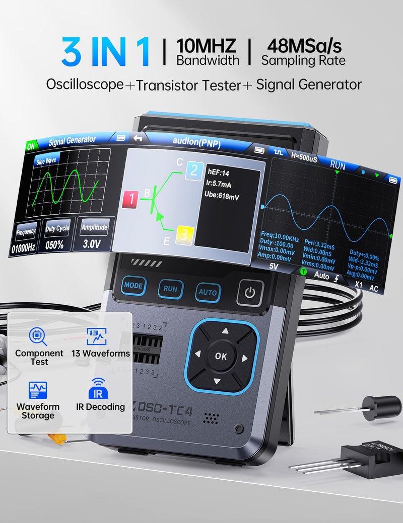 FNIRSI DSO-TC4 Handheld Oscilloscope, 10MHz Bandwidth 48MSa/s Sampling Rate Transistor Tester Digital Oscilloscope DDS Signal Generator 3 in 1, Voltage Continuity Zener Diode Triode Tester By Skyking - Image 2