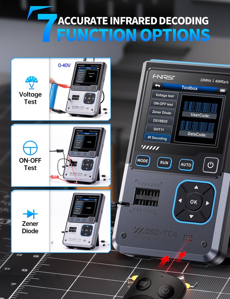 FNIRSI DSO-TC4 Handheld Oscilloscope, 10MHz Bandwidth 48MSa/s Sampling Rate Transistor Tester Digital Oscilloscope DDS Signal Generator 3 in 1, Voltage Continuity Zener Diode Triode Tester By Skyking - Image 5