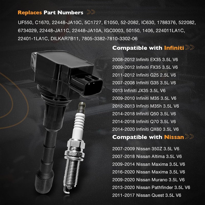 HQPASFY Ignition Coil & Spark Plugs Set of 6 for Nissan and Infiniti 3.5L V6 - Image 2