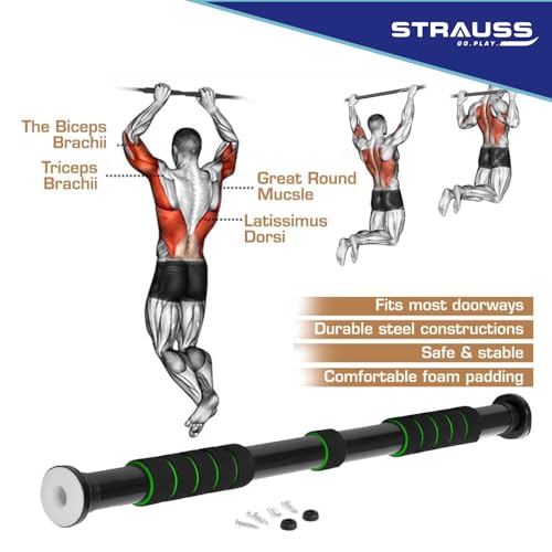 Strauss Chin Up Door Bar | Pull Up Bars for Home Workout with Palm Pad and Anti-Skid Grip | Door Way Adjustable Length Hanging Rod Without Screw | Hanging Bar for Pull-ups,Push ups & Chin ups,(Green) - Image 3