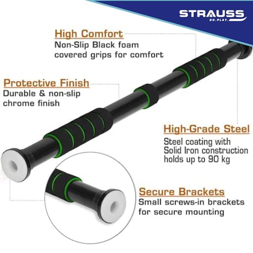 Strauss Chin Up Door Bar | Pull Up Bars for Home Workout with Palm Pad and Anti-Skid Grip | Door Way Adjustable Length Hanging Rod Without Screw | Hanging Bar for Pull-ups,Push ups & Chin ups,(Green) - Image 4