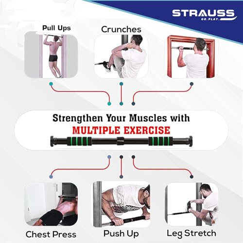 Strauss Chin Up Door Bar | Pull Up Bars for Home Workout with Palm Pad and Anti-Skid Grip | Door Way Adjustable Length Hanging Rod Without Screw | Hanging Bar for Pull-ups,Push ups & Chin ups,(Green) - Image 2