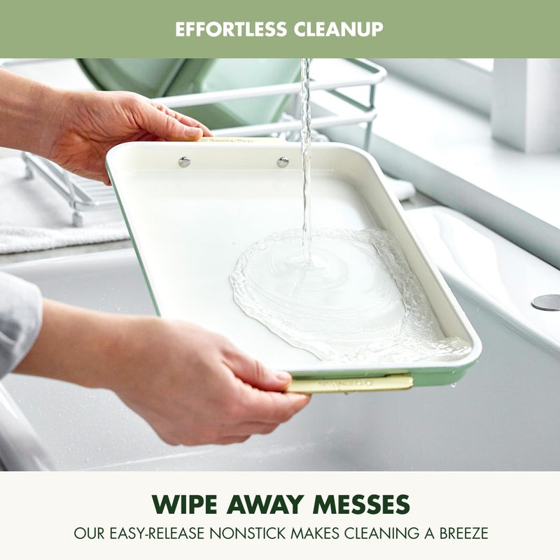 Greenpan صينية كعك مستطيلة 13 بوصة × 9 بوصة من جرين بان، صينية خبز سيراميكية غير لاصقة، خالية من PFAS و BPA، مقابض ذهبية، فولاذ متين، صينية من الفريزر إلى الفرن، مقاومة للخدش، أدوات خبز وشواء، أخضر حكيم - Image 4